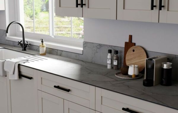 Solid laminate grey marble effect worktop upstand