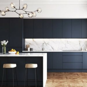 Matt indigo kitchen with handleless doors