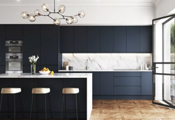 Matt indigo kitchen with handleless doors