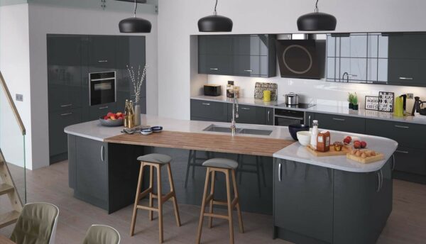 High gloss anthracite kitchen with slab kitchen doors