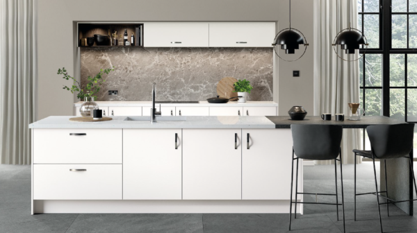 modern kitchen in white with cashmere coloured walls and stone effect backsplash