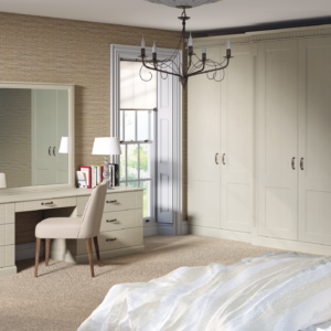 Modern bedroom with Shaker Style wardrobe doors in Oakgrain Mussel colour