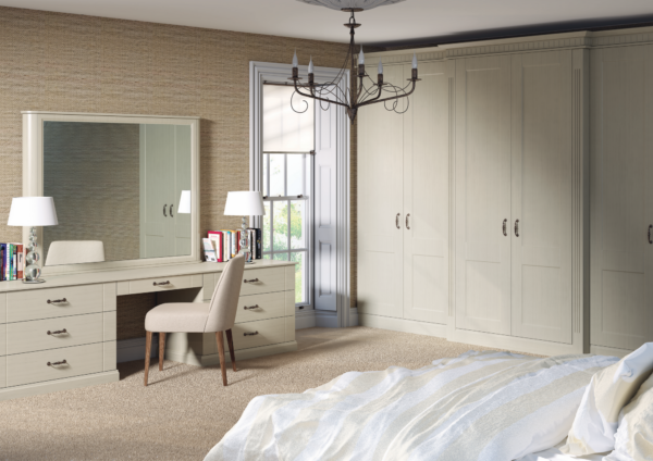 Modern bedroom with Shaker Style wardrobe doors in Oakgrain Mussel colour