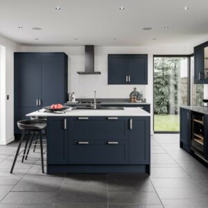 indigo blue kitchen featuring painted doors and white 12mm worktops