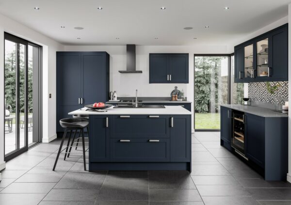 indigo blue kitchen featuring painted doors and white 12mm worktops