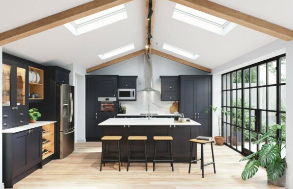 indigo blue kitchen featuring painted doors