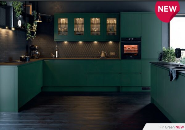 Matt dark fir green kitchen featuring handleless doors