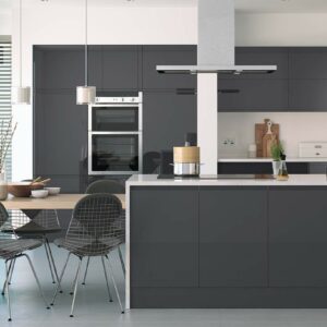 High gloss anthracite kitchen featuring handleless doors