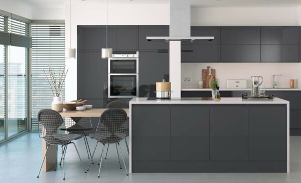 High gloss anthracite kitchen featuring handleless doors