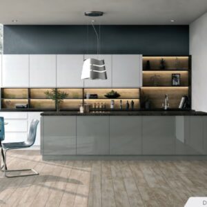 High gloss dust grey kitchen featuring handleless doors