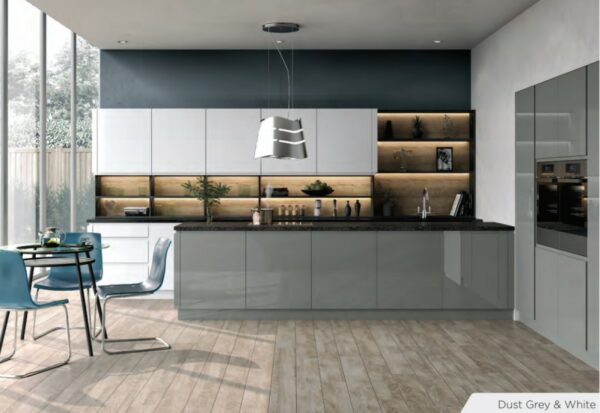 High gloss dust grey kitchen featuring handleless doors