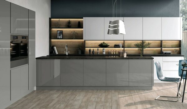 High gloss dust grey and white kitchen featuring handleless doors