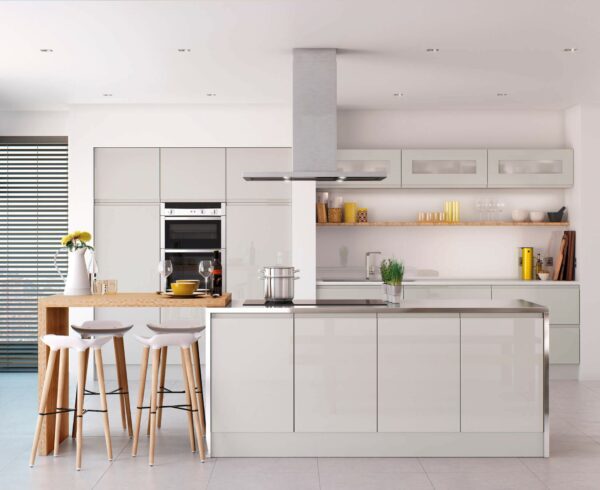 High gloss light grey kitchen featuring handleless doors