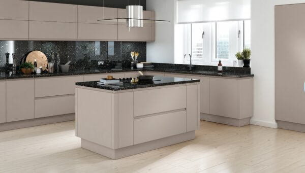 Matt cashmere kitchen with matching kitchen island and handleless doors