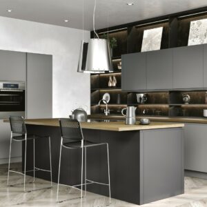 Matt dust grey kitchen with anthracite island and handleless J-pull doors