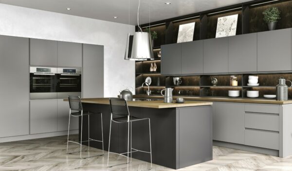 Matt dust grey kitchen with anthracite island and handleless J-pull doors