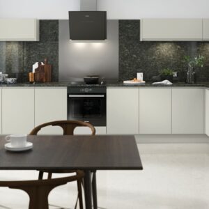 Matt fir green kitchen featuring handleless doors