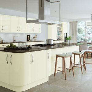 High gloss Ivory kitchen with slab kitchen doors