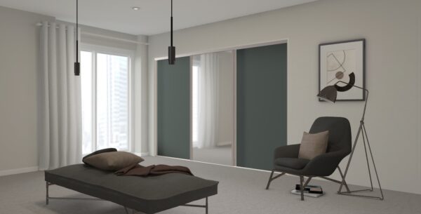 Bedroom with 3 door sliding bedroom doors in heritage green & one door with mirrored glass