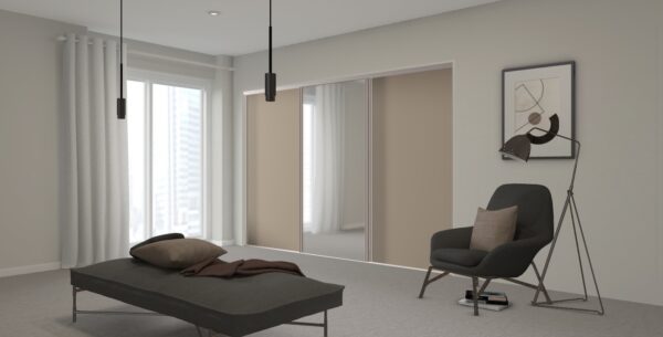 Bedroom with 3 door sliding bedroom doors in cashmere colour and one door with mirrored glass